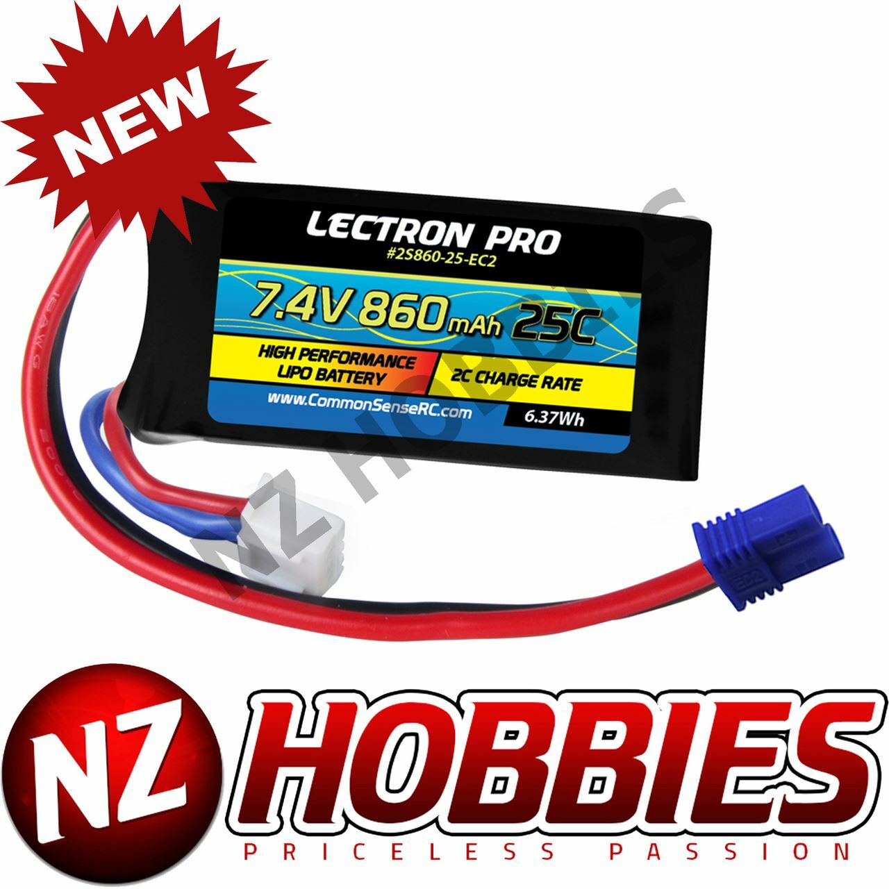 Lectron Pro 7.4V 860mAh 25C Lipo Battery w/ EC2 : Losi Mini T # 2S860-25-EC2