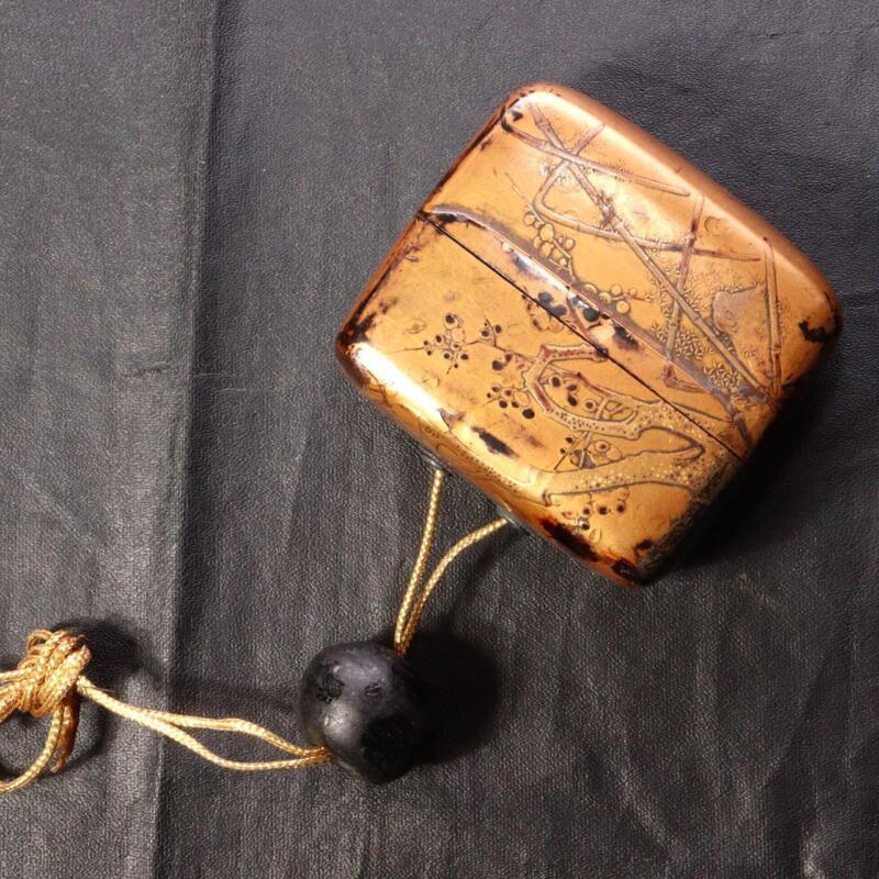 Japanese Antique wooden Inro Ojime Makie gold Nashiji Edo INR87