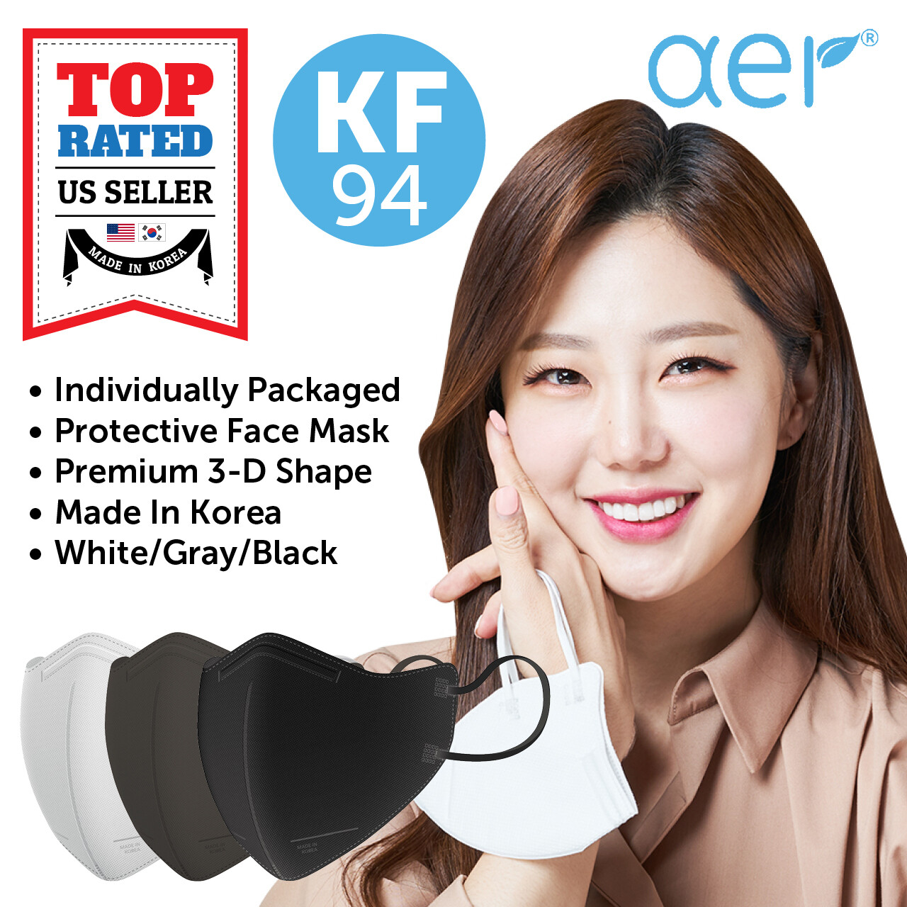 AER KF94 BLACK GRAY Face Protective Safety Mask Made in Korea Size