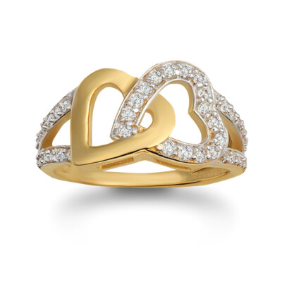 Pre-owned Fdj Gold Double Heart Cz Open Band Love Ring In Yellow Gold