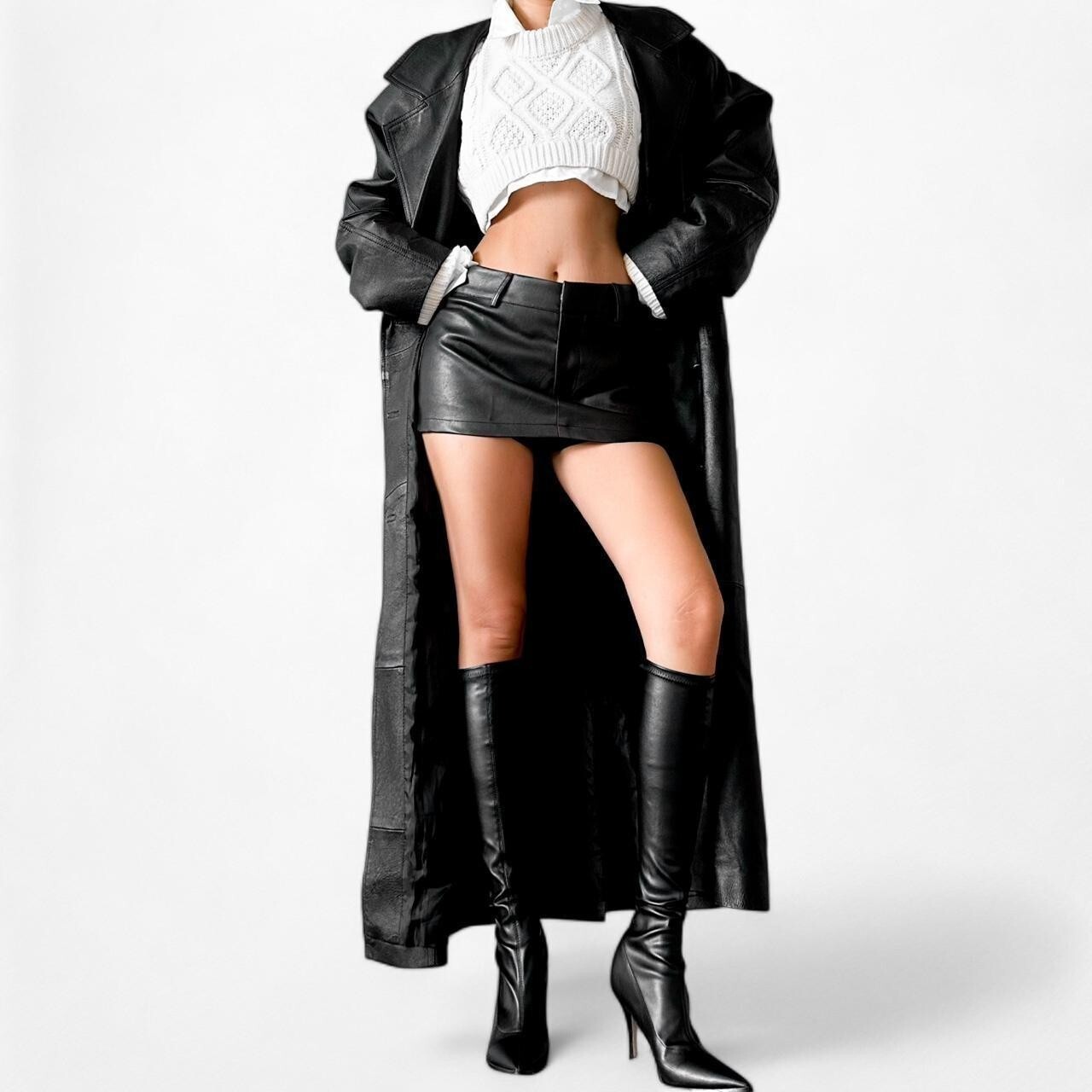 Vintage Y2K Black Leather Full Length Button Down Front Coat