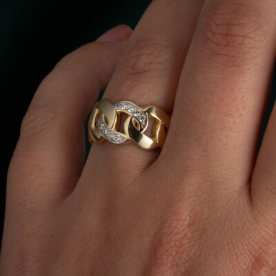 Pre-owned Fdj 14k Yellow Gold Cz Cuban Chain Link Statement Ring In White