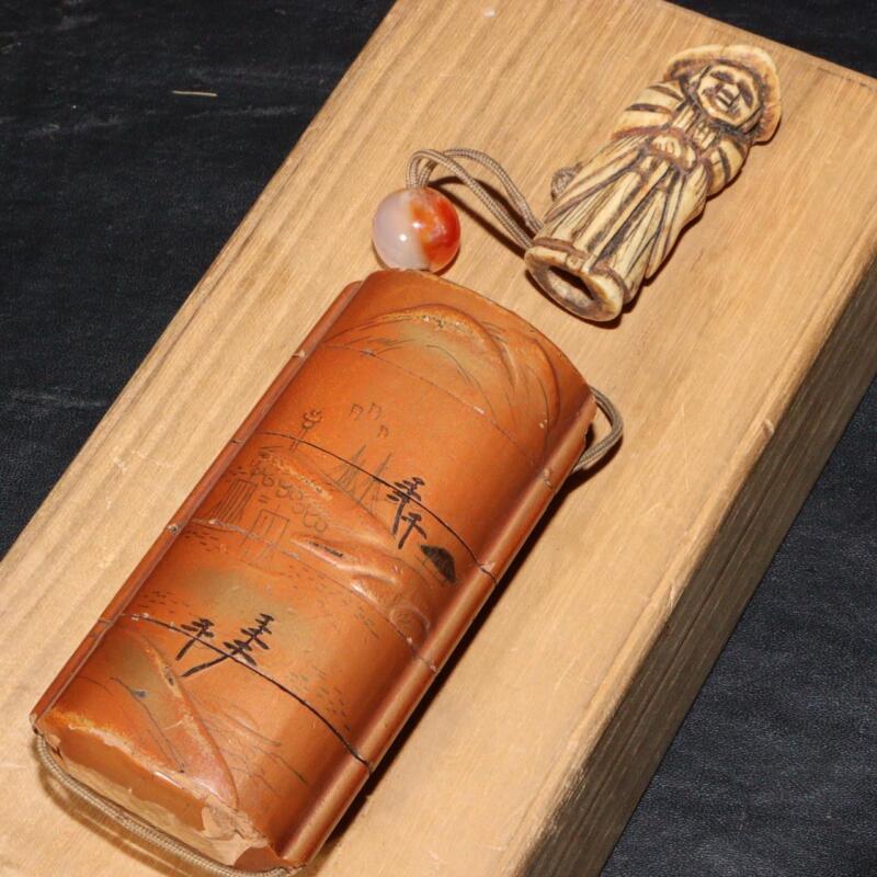 Japanese Antique wooden Inro Kazuno Netsuke ojime w / box INR88