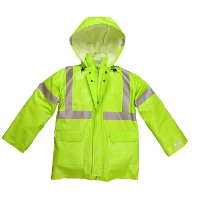 Nasco Medium Lineman Arc Flash Hooded Rain Jacket, Hi-Vis Lime, Harness Access