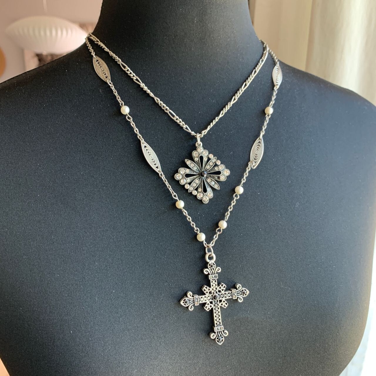 Silver Tone Double Layer Maltese Cross Faux Pearl Rhinestone