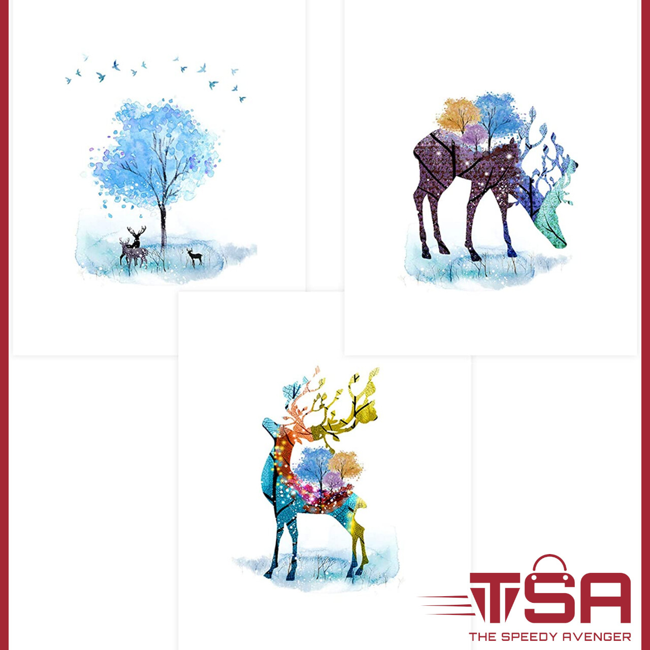 Watercolor Wall Decor Posters, Woodland Theme Art Prints 3x(8x10) for Bathroom D