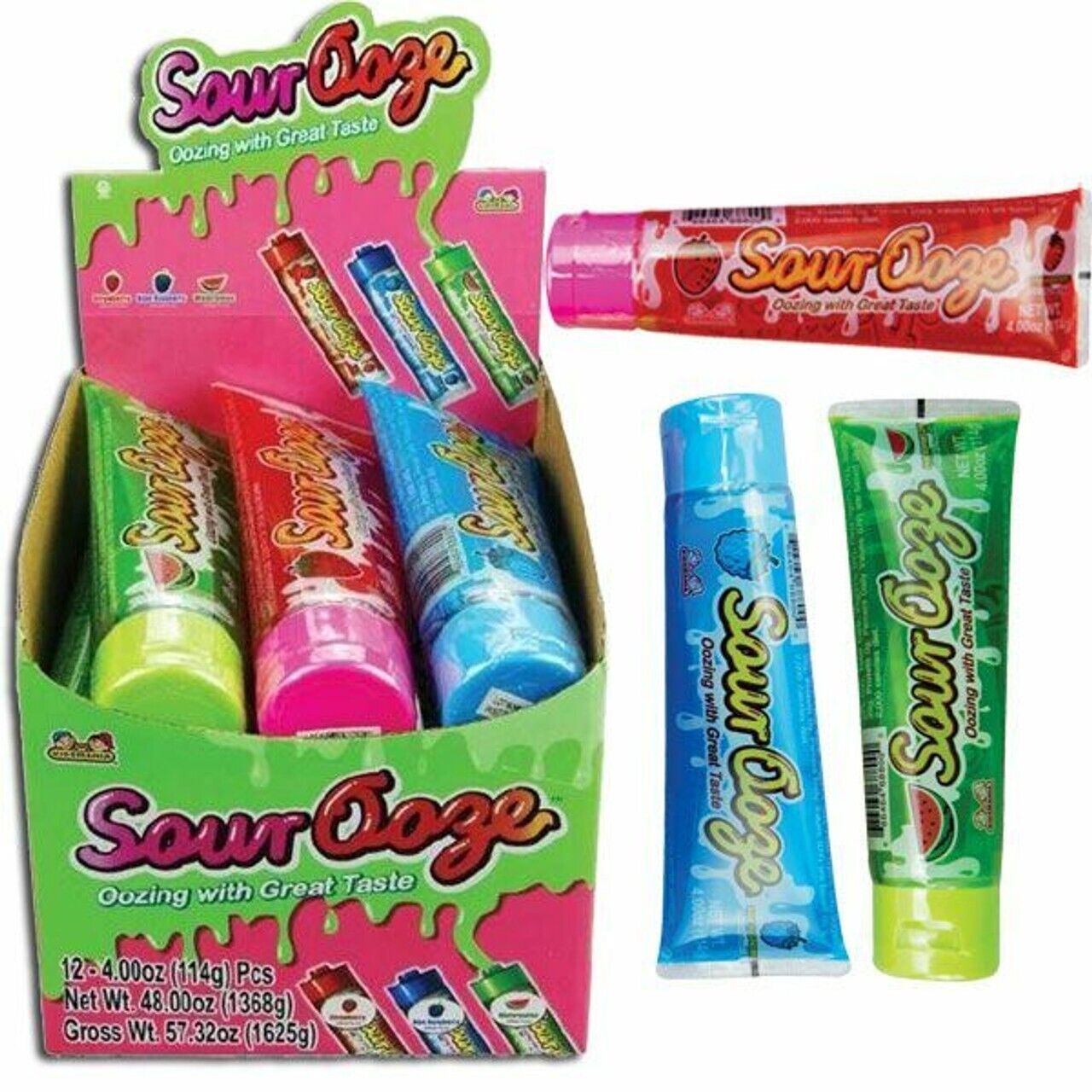 Sour Ooze Tubes Candy 12 Ct Box Blue Raspberry Strawberry Sour Ooze Tubes Candy 12 Ct Box Blue Raspberry Strawberry