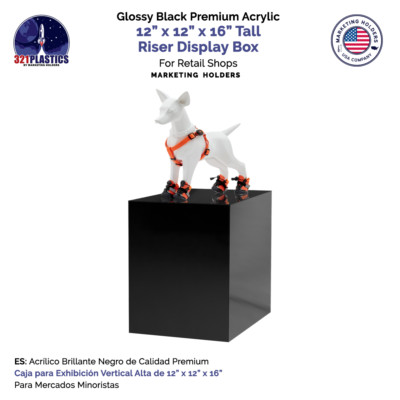 Acrylic Pedestal Display Box Cube Tall Stand Bin Riser 12'' x 12'' x 16'' Black