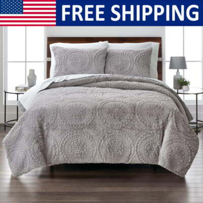 Comforter Set Full/Queen Size Faux Fur Machine Washable Breathable Bedroom 3 Pcs