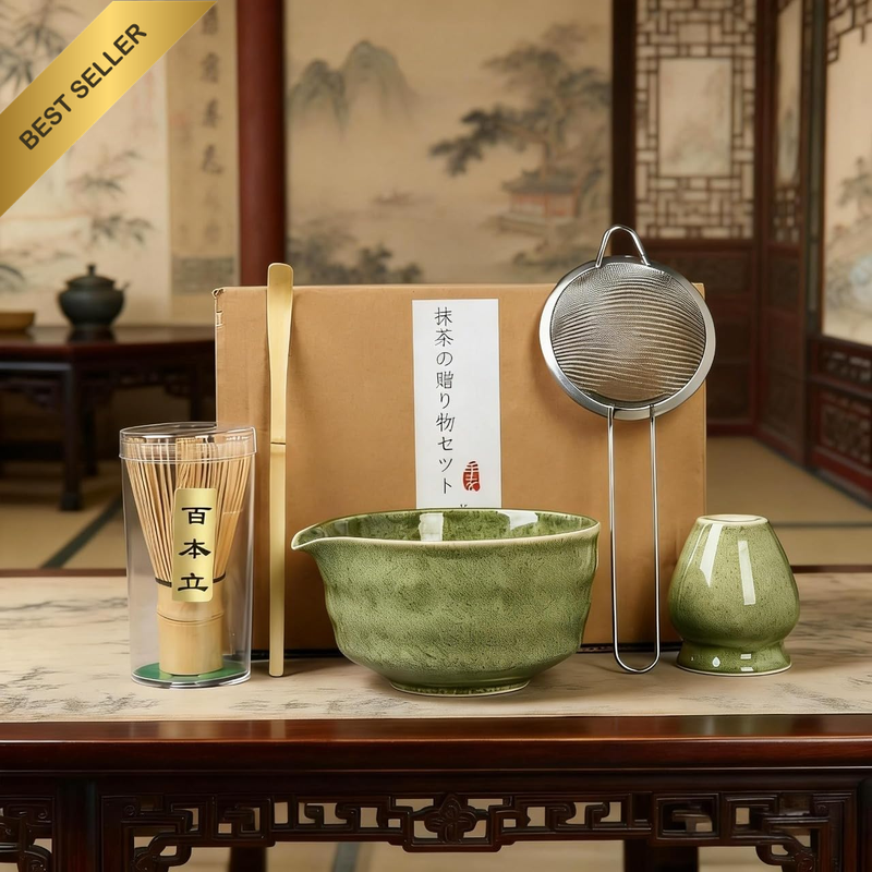 5Pcs Ceramic Matcha Kit Set, Tea Making Tools Includes Bowl with Spout and Bambo