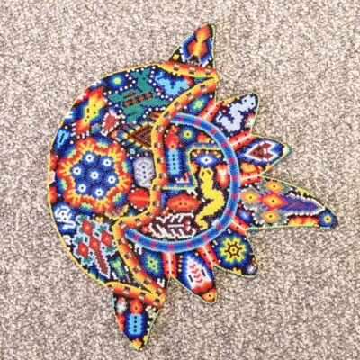 Huichol Mexican Folk Art Beaded Sun & Moon Eclipse On Wood 