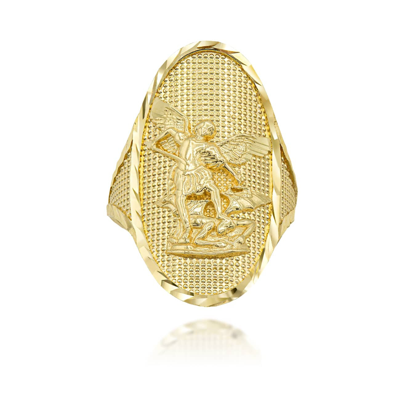 Pre-owned La Blingz Gold Oval Saint Michael Ring In Yellow Gold