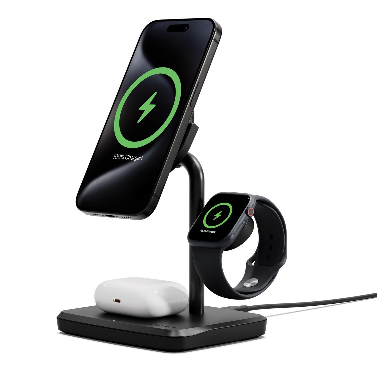 Cygnett ChargeBase Qi2 3-in-1 Magnetic 15W Wireless Charger-Black, USB-C Cable