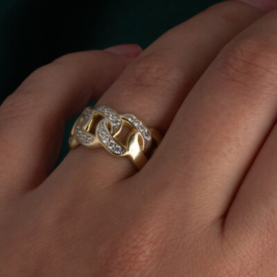 Pre-owned Fdj 14k Yellow Gold Cz Studded Cuban Chain Link Statement Ring In White