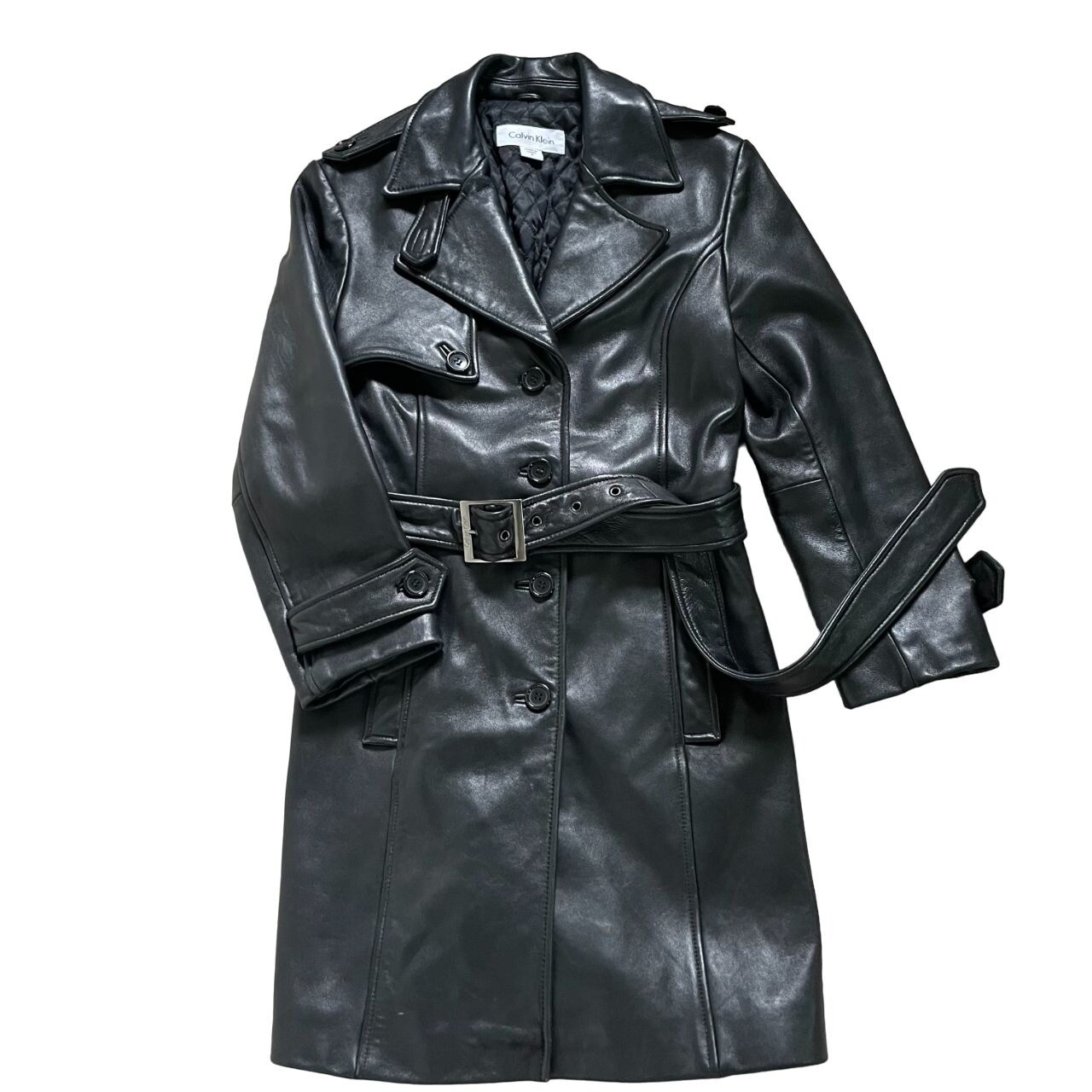 Calvin Klein Genuine Leather Trench Coat Women Small Black Calvin Klein Genuine Leather Trench Coat Women Small Black