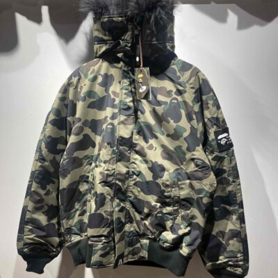 Men's A Bathing Ape 1St Camo Fur Down Hoodie Jacket M Size