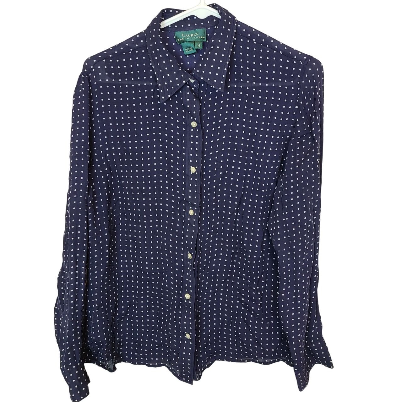 トップス louren basic american sleeve tops Lauren Ralph Lauren Womens 14 Blue Polka Dots Long Sleeves