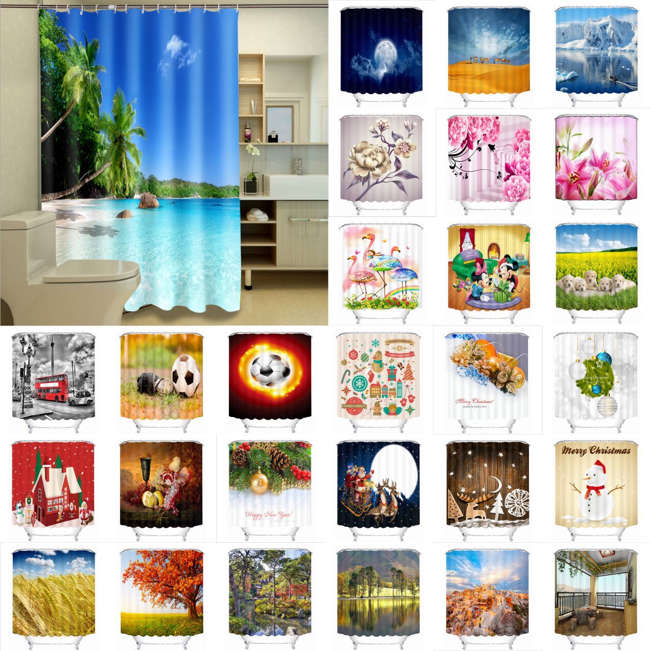 180//200cm Shower Curtain Polyester Waterproof Fabric Waterfall XMAS Snow Scene W