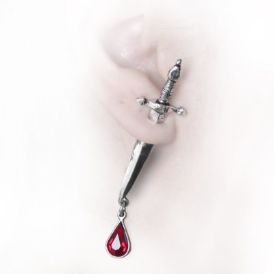 Alchemy Gothic Sword Piercing English Pewter Stud Earring with Blood Red Crystal