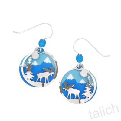 Sienna Sky Earrings Blue Snow Mountain Disc with Shiny Silver Tone Moose Unique