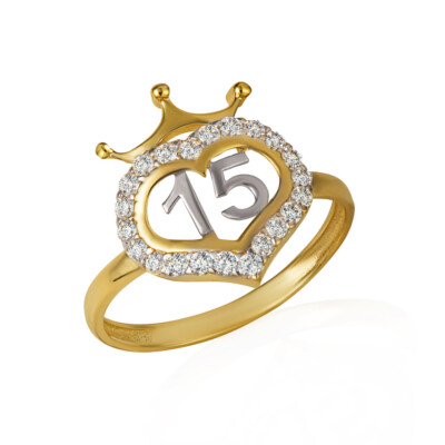 Pre-owned Fdj 14k Gold Two-tone 15 Anos Quinceanera Heart Cz Crown Ring