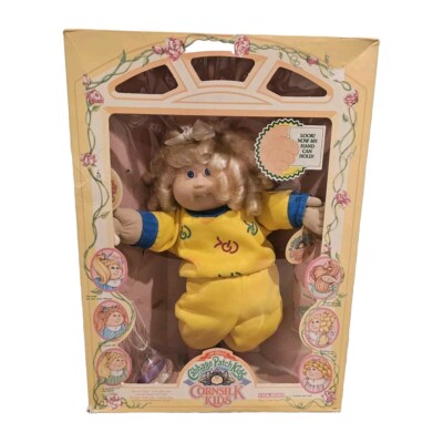 1986 Cabbage Patch Kids Corn Silk Kids Doll Blue Eyes Blond Hair Ringlets In Box