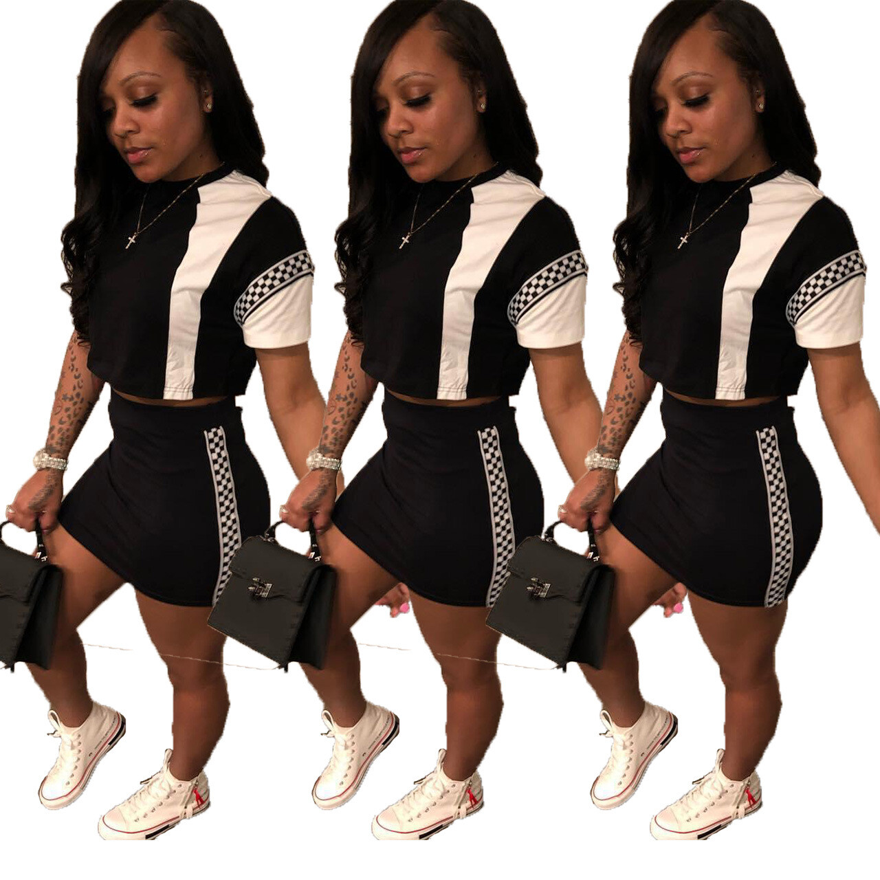 Women Long Sleeves Crop Tops Casual Club Party Bodycon Mini Dress Skirts Set 2pc