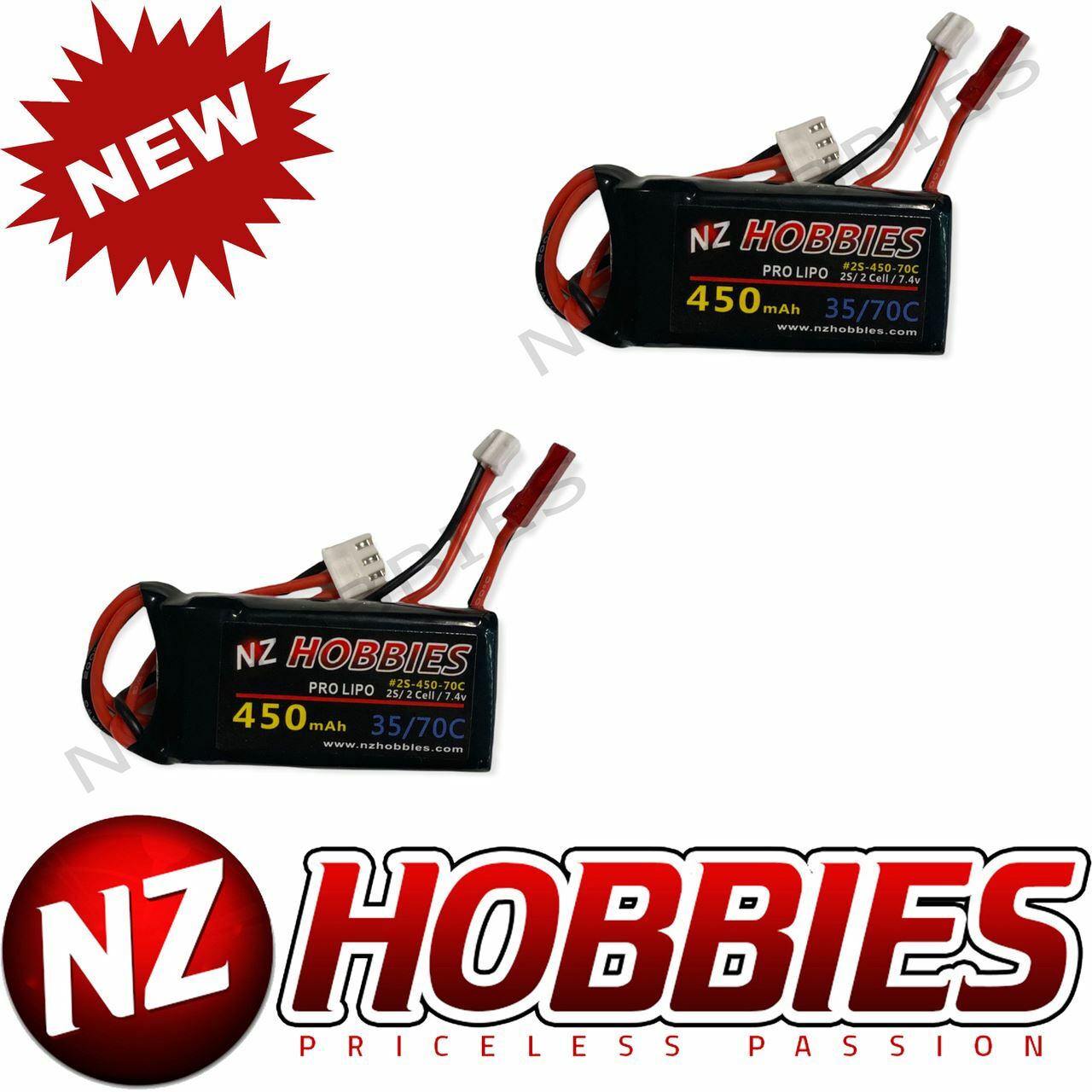 NZH 7.4V 450mAh 35/70C Lipo Battery w/ JST Connector (2pcs) # 2S450-70C : SCX24