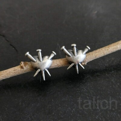 Oxidized Sterling Silver Tiny Heart with Three Nails Stud Earrings Gothic Unique