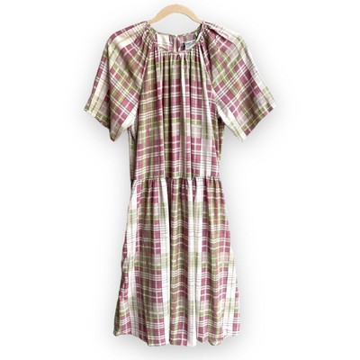 ASOS Plus Plaid Check Midi Dress NWT Size 14 Pink Green Short Sleeve Drop Waist