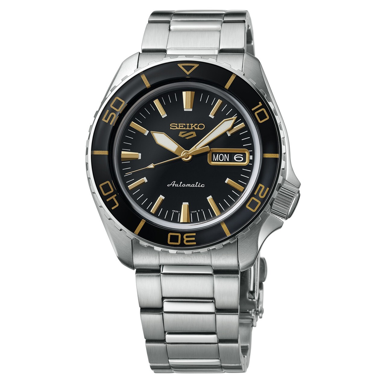 Pre-owned Seiko 5 Sports Srpk99 Men's Stainless Steel Black Dial Day Date Automatic Watch