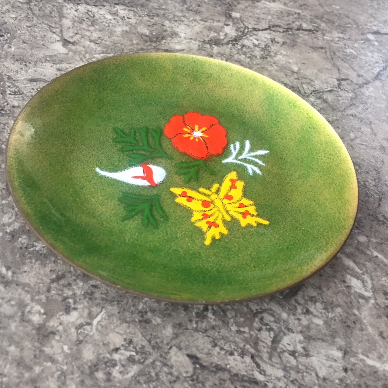 Vintage Annemarie Davidson Enamel on Copper Plate Butterfly Flower California