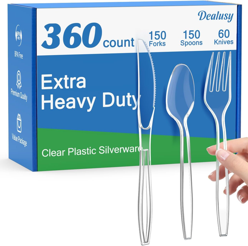 360 Count Extra Heavy Duty Clear Plastic Silverware, 150 Forks, 150 Spoons, 60 K