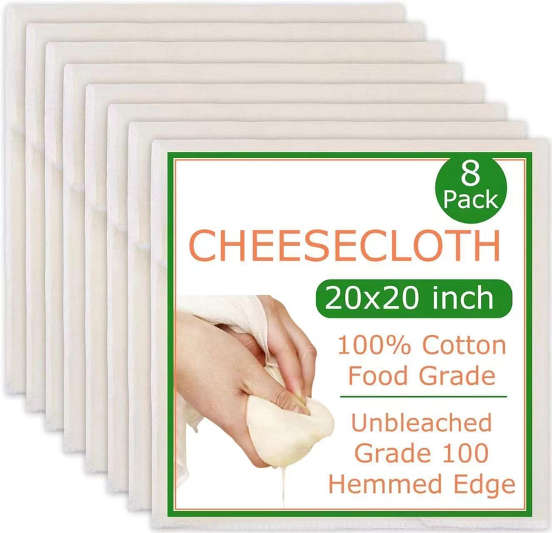 Cheese Cloths,8 PCS Reusable Cotton Cheesecloth, Grade 100, 20X20 Inch Hemmed Mu