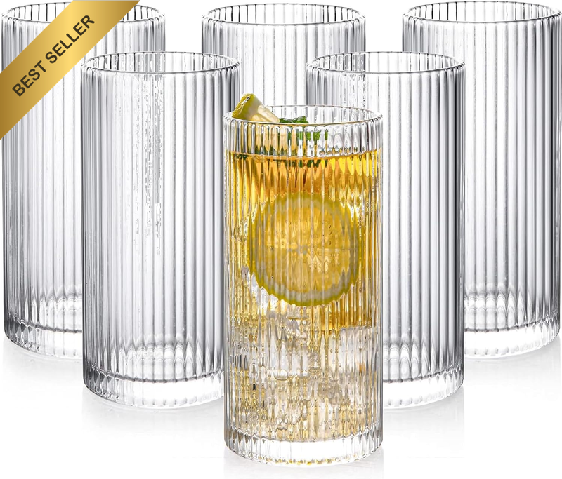 Ribbed Drinking Glasses Set of 6,Vintage Wine Cup Glassware,Origami Style Transp