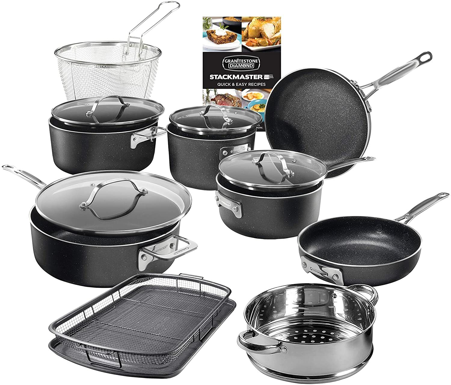 Granitestone 15 Piece All in One Kitchen Nonstick Stackmaster Cookware