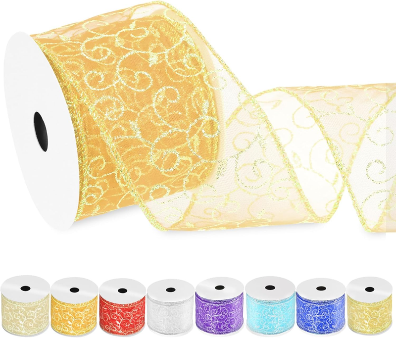 2-1/2 Inch × 10 Yard Orange Swirl Glitter Wired Ribbon, Organza Sheer Ribbon wit