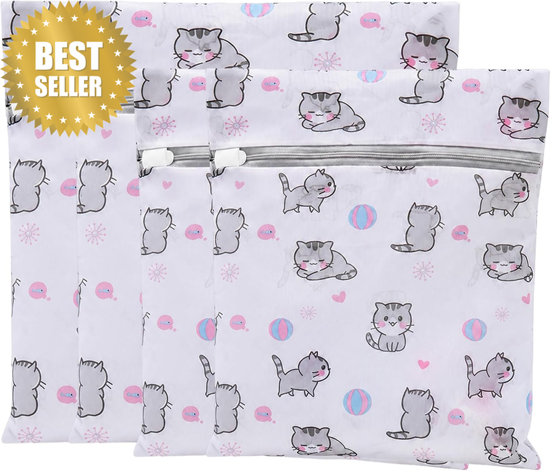 Mesh Laundry Bags for Delicates - Set of 4 Wash Bag with Cute Prints, Bra Bag fo