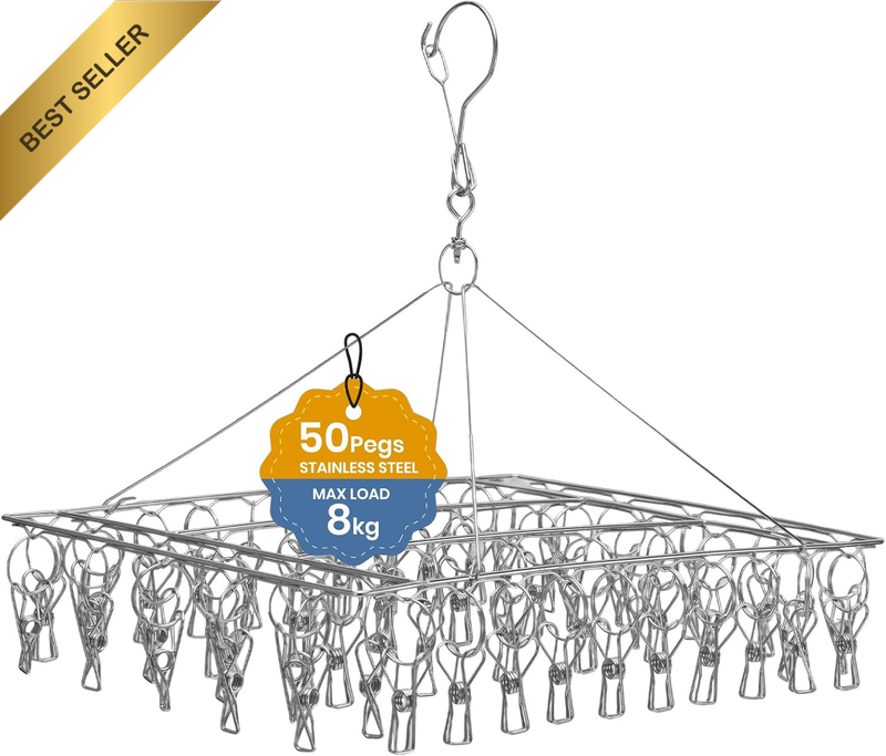 Stainless Steel Clothes Drying Rack with 50 Pegs, Clothes Hanger with Windproof