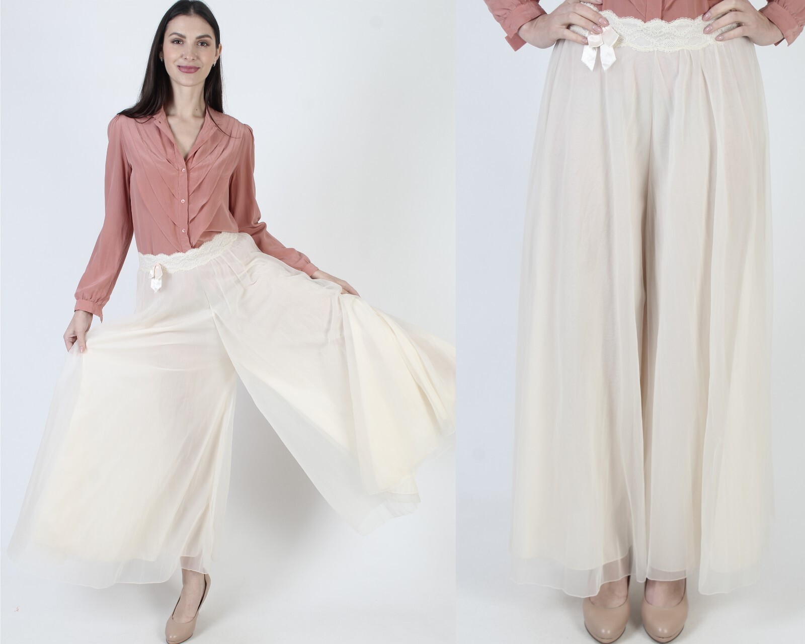 Vtg Christain Dior Wide Leg Pants Cream Bell Bottom Trousers