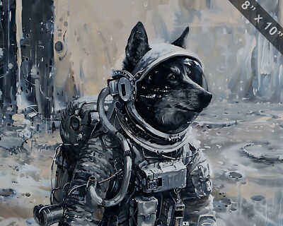 Dog in a high-tech space suit navigating a moon base oil 8x10 Print 3.06.05PM