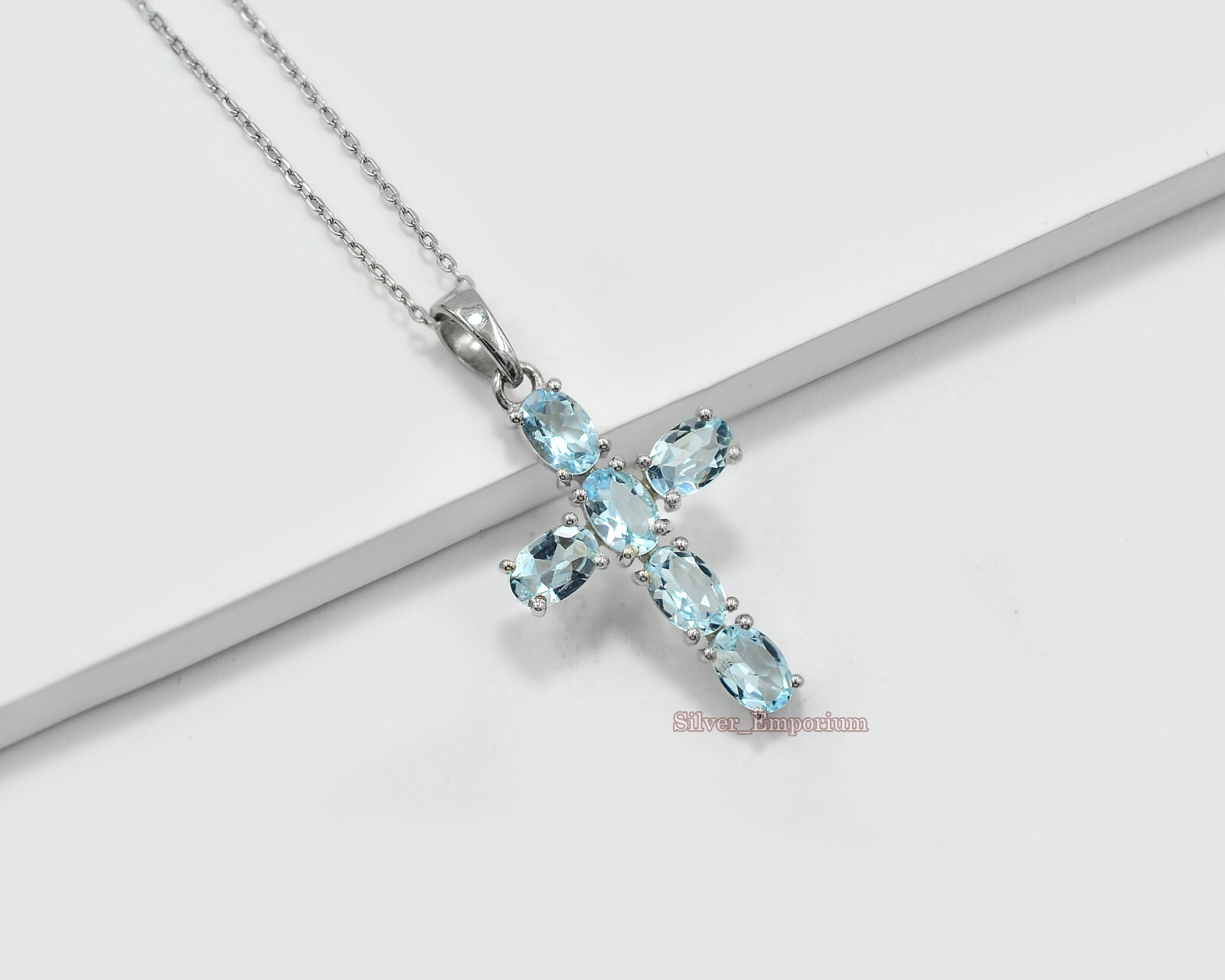 6x4 MM Natural Aquamarine Gemstone 925 Sterling Silver Cross