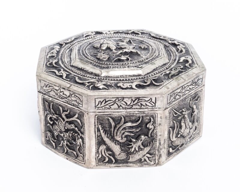 Antique Chinese Octagonal Silver Hinged Trinket Box, Repousse + Carved, 5.5”