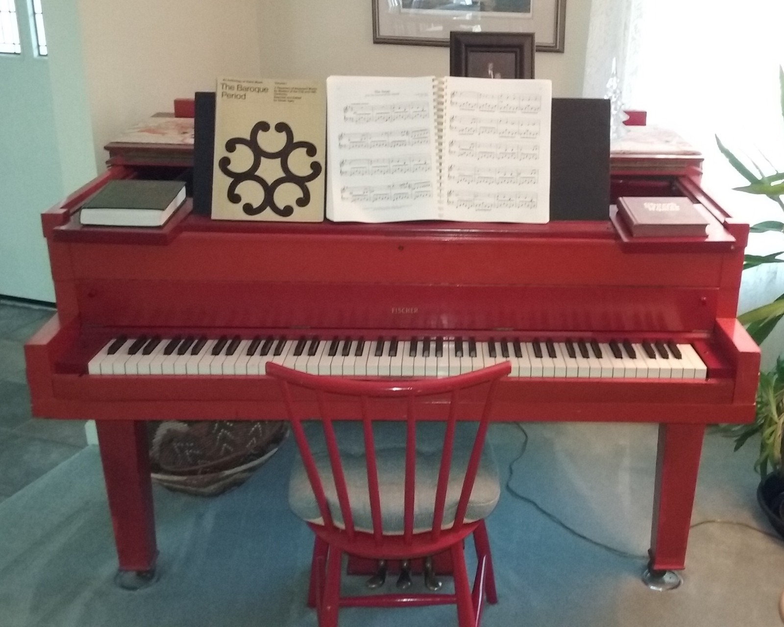 Vintage 1920 Fischer Baby Grand Piano Chinese Red * Pickup Only * (no shipping)