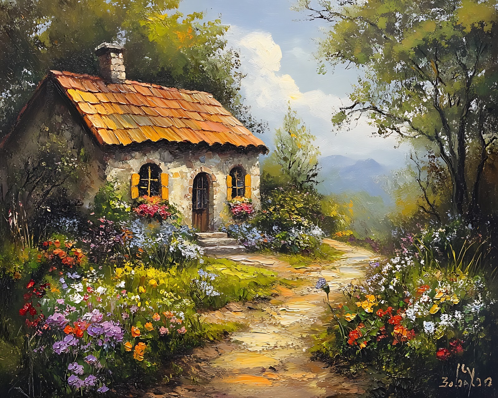 Cottage with a flower-lined path oil painting 8x10 Print | eBay