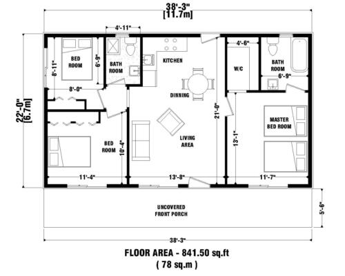 Custom 841 sq.ft Modern House Plans 3 Bedroom & 2 Bathroom With Free CAD