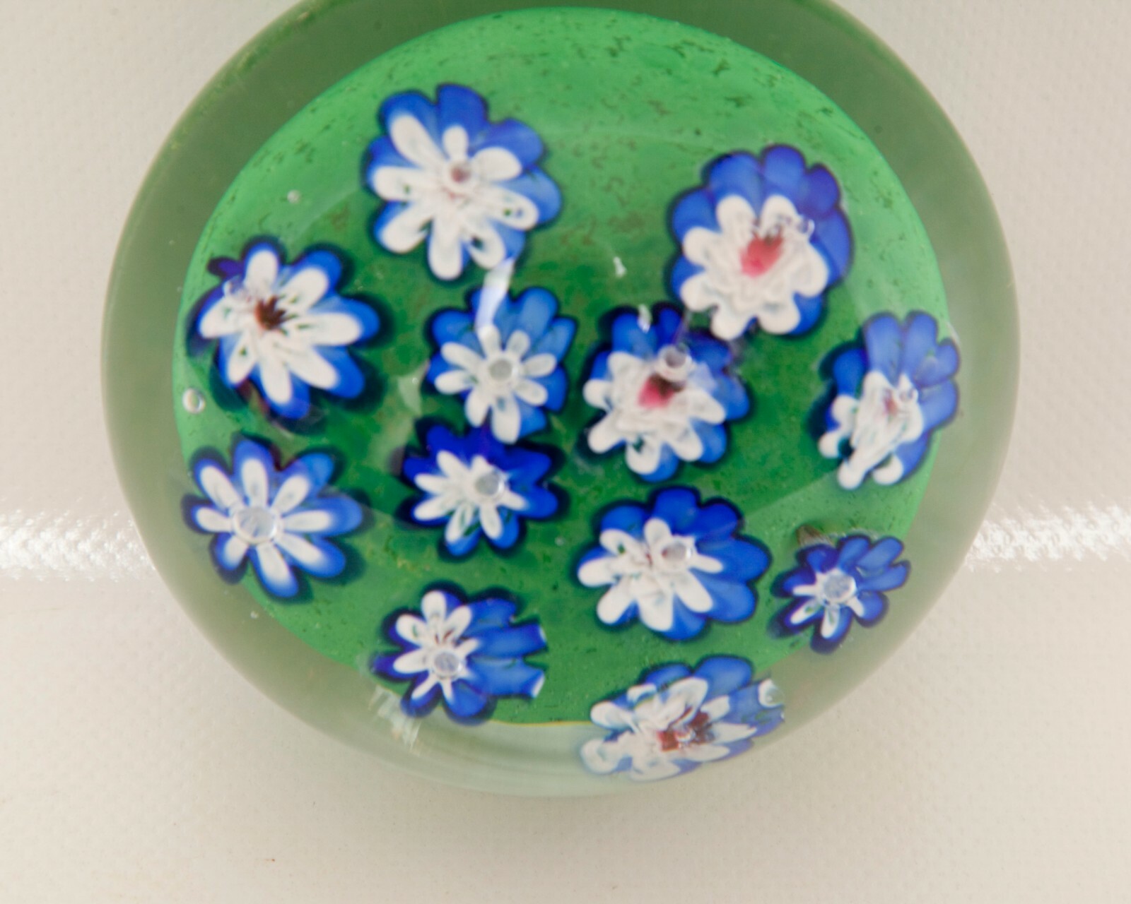 Vintage Millefiori Glass Paperweight Hand Blown Art Glass Flowers Blue White Red