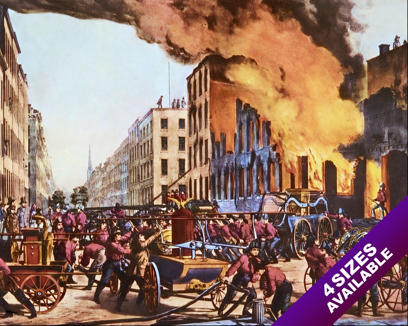 VINTAGE FIREMEN FIRE DEPT PUTTING OUT BURNING BUILDING PAINTING ART CANVAS PRINT