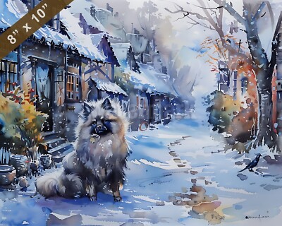 Keeshond watercolor painting in a charming village 8x10 Print 