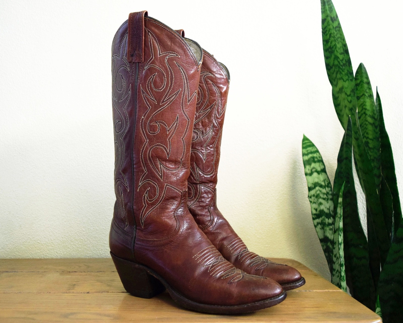 DAN POST Women's 5 Tall Brown Leather Cowboy Boots Western Cowgirl Stacked Heel